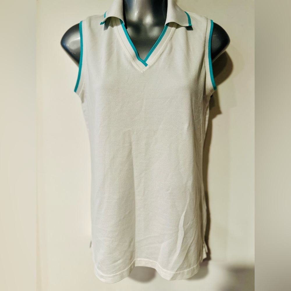 White Sleeveless Polo Shirt with Teal Trim